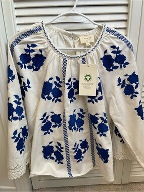 Sezane Rina Blouse sz 8 Blue Floral Embroidery